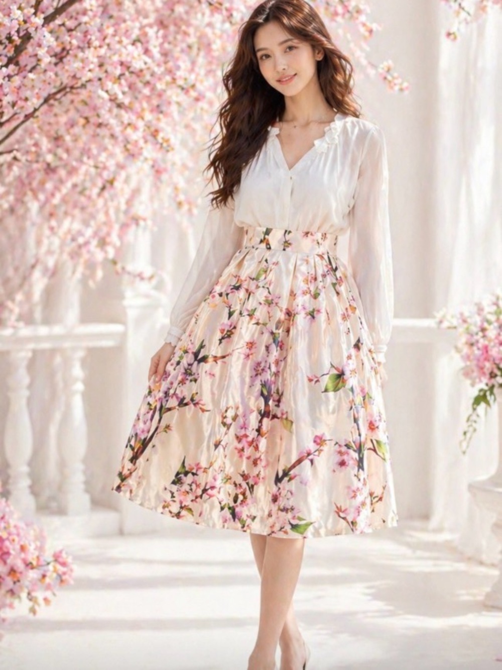 Choies Cherry Blossoms 🌸 white Cream A-Line Skirt with Pink Floral Print